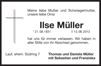 Traueranzeige von Ilse Müller von Pegnitz-Zeitung